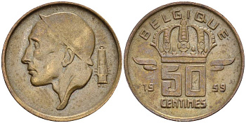 БЕЛЬГИЯ 50 САНТИМОВ 1959 BELGIQUE KM 148.1 бронза 4528-936