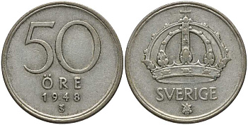 Швеция 50 эре 1948 TS, Густав V (1907-1950) KM 817 серебро 202-614