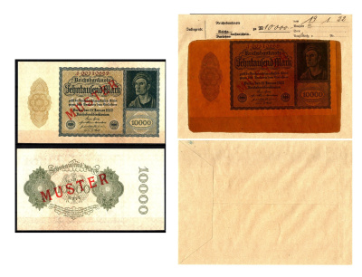 Германия 10000 марок 1922 орел за номиналом и номинал справа, 19 января, MUSTER, образец, Specimen. В оригинальном банковском конверте. Из коллекции Отто Сейфферта (помощник Ялмара Шахта - министра экономики Германии и президента Рейхсбанка времен третьег