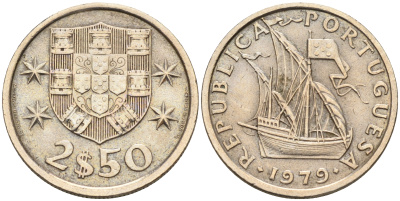 Португалия 2,5 эскудо 1979 парусник KM 590 медно-никель  UNC  4160-1224