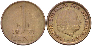 НИДЕРЛАНДЫ 1 ЦЕНТ 1971 КОРОЛЕВА ЮЛИАНА KM 180 бронза 3955-135
