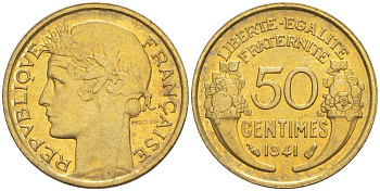 ФРАНЦИЯ 50 САНТИМОВ 1941 ТИП MORLON KM 894.1, LE FRANC 192.18 алюминиевая бронза 44-447