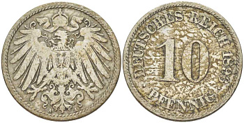 ГЕРМАНИЯ 10 ПФЕННИГОВ 1896 A KM 12, J. 13, Weege 8 медно-никель 261-1257