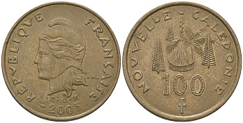 Французская Новая Каледония 100 франков 2005 хижина среди сосен и пальм, (IEOM) KM 15, Schoen 16, Lec 139i никель бронза 111-434