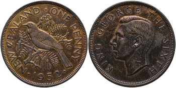 Новая Зеландия 1 пенни 1952 Птица Туи, Король Георг VI (1937-1952) KM 21 бронза 75-346