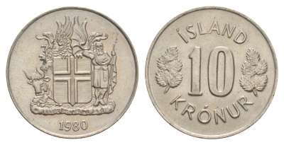 Исландия 10 крон 1980 KM 15 медно-никель UNC 4646-1215
