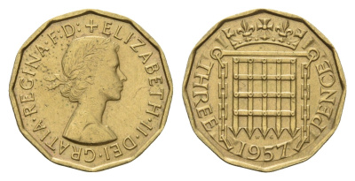 Великобритания 3 пенса 1957 Елизавета II (1952-2022) KM 900, Spink 4153 никель латунь 4121-534