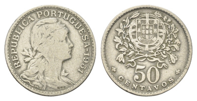 Португалия 50 сентаво 1951 голова Свободы вправо KM 577 никель латунь 4659-635