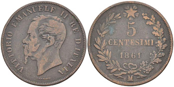 ИТАЛИЯ 5 ЧЕНТЕЗИМО 1861 М, МОНДВОР МИЛАН, ВИКТОР ЭММАНУИЛ II (1861-1878) KM 3.2 медь 4182-1246