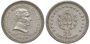 Уругвай 25 сентесимо 1960 KM 40 медно-никель 4169-851