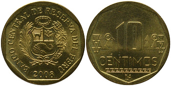 Перу 10 сентимо 2008 LIMA KM 305.4, Schon 104 латунь UNC 4543-921