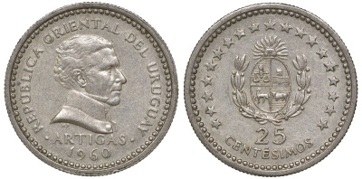 Уругвай 25 сентесимо 1960 KM 40 медно-никель 4169-851