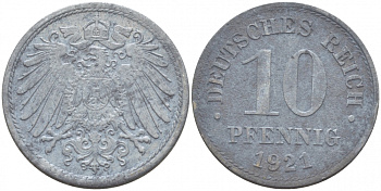 ГЕРМАНИЯ 10 ПФЕННИГОВ 1921 KM 26, J. 299 цинк 3996-627