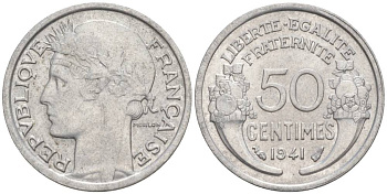 ФРАНЦИЯ 50 САНТИМОВ 1941 ТИП MORLON LOURDE KM 894.1a, LE FRANC 193.2 алюминий 44-248