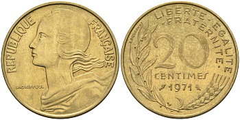 Франция 20 сантимов 1971 тип Марианна KM 930 медь алюминий никель 4116-523
