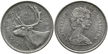 КАНАДА 25 ЦЕНТОВ 1989 ЕЛИЗАВЕТА II (1952-), ОЛЕНЬ, ВТОРОЙ ПОРТРЕТ В КОРОНЕ KM 74 никель 4543-752