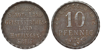 Германия, Бокум, Гельзенкирхен, Хаттинген 10 пфеннигов 1918 Северный Рейн-Вестфалия, нотгельд Funck 49.1b железо 4119-924