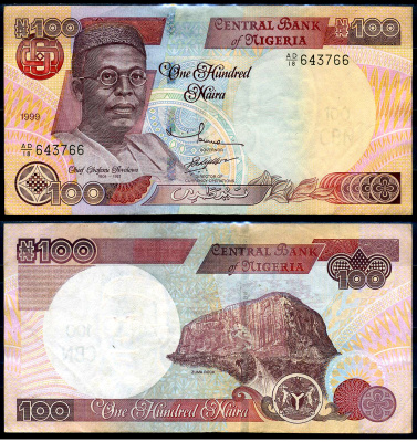 Нигерия 100 найра 1999 Обафеми Аволово, гора Зума Pick 28 b бумага 7376-14-2-2