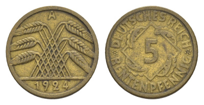 Германия 5 рентенпфеннигов 1924 A KM 32, J. 308 алюминиевая бронза 4615-147