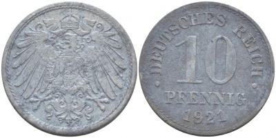 ГЕРМАНИЯ 10 ПФЕННИГОВ 1921 KM 26, J. 299 цинк 3996-627