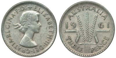 Австралия 3 пенса 1961 m, Елизавета II (1952-2022) KM 57 серебро 71-817