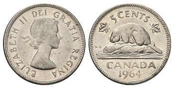 Канада 5 центов 1964 Елизавета II (1952-2022), бобр KM 57 никель 4689-339
