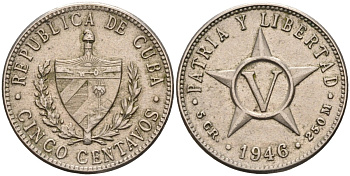 Куба 5 сентаво 1946 звезда KM 11.3 медно-никель 4591-113