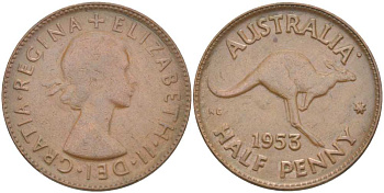 АВСТРАЛИЯ 1/2 ПЕННИ 1953 p, ЕЛИЗАВЕТА II (1953-), КЕНГУРУ KM 49 бронза 4514-835