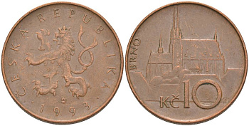 Чехия 10 крон 1993 кафедральный собор в Брно KM 4 сталь плакированная медью 186-1222
