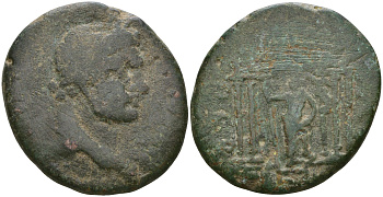 Римская Империя, Провинция Сирия, Финикия, Берит AE 198 - 217 Каракалла, бюст императора / храм Астарты, Ника увенчивает богиню Астарту ( Rare ) BMC Phoenicia p. 75, 154; SNG Copenhagen 110 бронза 1100-7-23