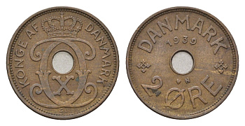 Дания 2 эре 1939 N, Кристиан X (1912-1947) KM 827 бронза 4701-868