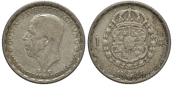 Швеция 1 крона 1948 TS, Густав V (1907-1950) KM 814 серебро 4178-543