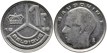 БЕЛЬГИЯ 1 ФРАНК 1989 BELGIQUE KM 170 сталь плакированная никелем 99-1218