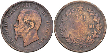 Италия 10 чентезимо 1862 М KM 11.2 медь 51-4514