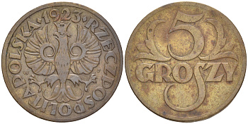 ПОЛЬША 5 ГРОШЕЙ 1923 KM 10 латунь 4516-1124