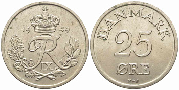 Дания 25 эре 1949 N; S, Фредерик IX (1947-1972) KM 842.1 медно-никель 85-146