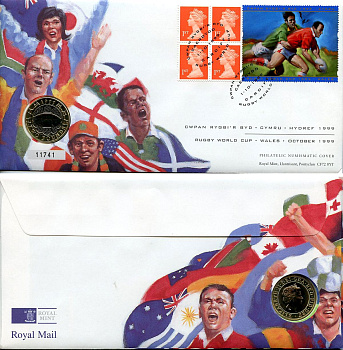 Великобритания 2 фунта 1999 Чемпионат мира по регби, в оригинальном конверте, с марками, первый день гашения KM 999, Spink K10 биметалл BU 4-3-8-61