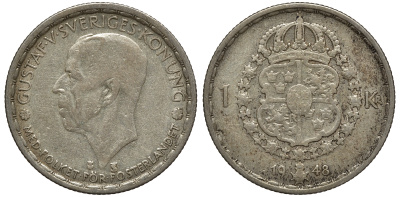 Швеция 1 крона 1948 TS, Густав V (1907-1950) KM 814 серебро 4178-543