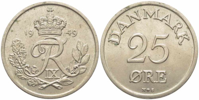 Дания 25 эре 1949 N; S, Фредерик IX (1947-1972) KM 842.1 медно-никель 85-146