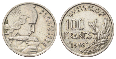 Франция 100 франков 1958 KM 919 медно-никель 4646-1114