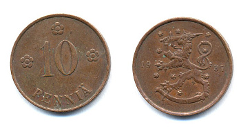 Финляндия 10 пенни 1937 республика (1918-1962) KM 24 медь 51-5552