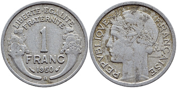 ФРАНЦИЯ 1 ФРАНК 1950 В KM 885а.2 алюминий 4397-657