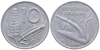 ИТАЛИЯ 10 ЛИР 1955 R, КОЛОСЬЯ, ПЛУГ KM 93 алюминий 4383-214