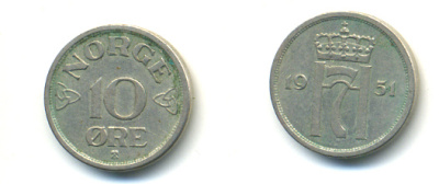 НОРВЕГИЯ 10 ЭРЕ 1951 ХОКОН VII KM 396 медно-никель 89-316