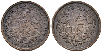 Нидерланды 1/2 цента 1930 Вильгельмина (1890-1948) KM 138 бронза 4576-443