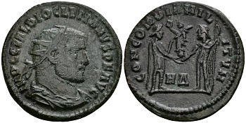 Римская Империя двойной денарий 295 - 296 Диоклетиан CONCORDIA MILITVM Гераклея Good Very fine RIC 13 бронза 1073-3-7-3