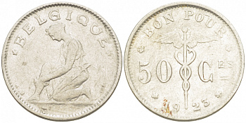 БЕЛЬГИЯ 50 САНТИМОВ 1923 BELGIQUE KM 87 никель 3996-1145
