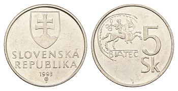 Словакия 5 крон 1993 KM 14 сталь плакированная никелем 4673-1244