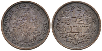 Нидерланды 1/2 цента 1930 Вильгельмина (1890-1948) KM 138 бронза 4576-443