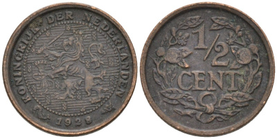 Нидерланды 1/2 цента 1928 Вильгельмина (1890-1948) KM 138 бронза 4576-466